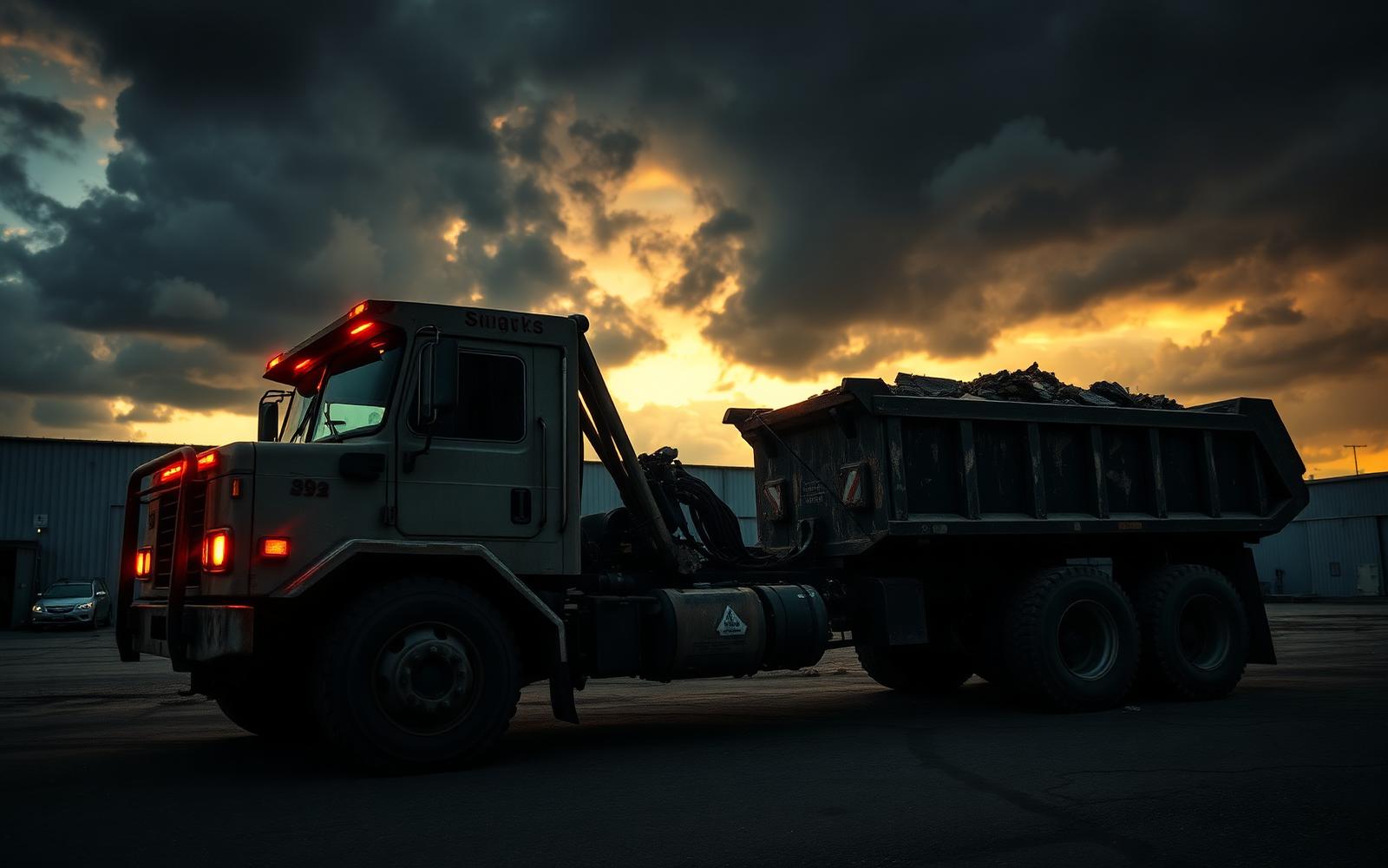 R J Hauling dump truck loaded with debris at sunset in Atlanta